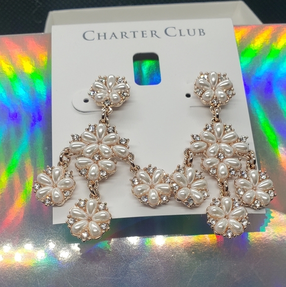 NWT Charter Club Chandelier Earrings pearls golden crystals prom wedding - Picture 3 of 4